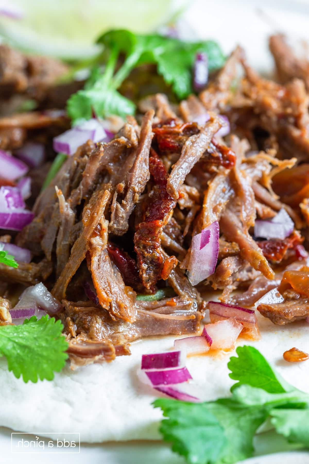 Φωτογραφία από Barbacoa μοσχαριού με κόλιανδρο, κρεμμύδια και μπαχαρικά σε τορτίγια.