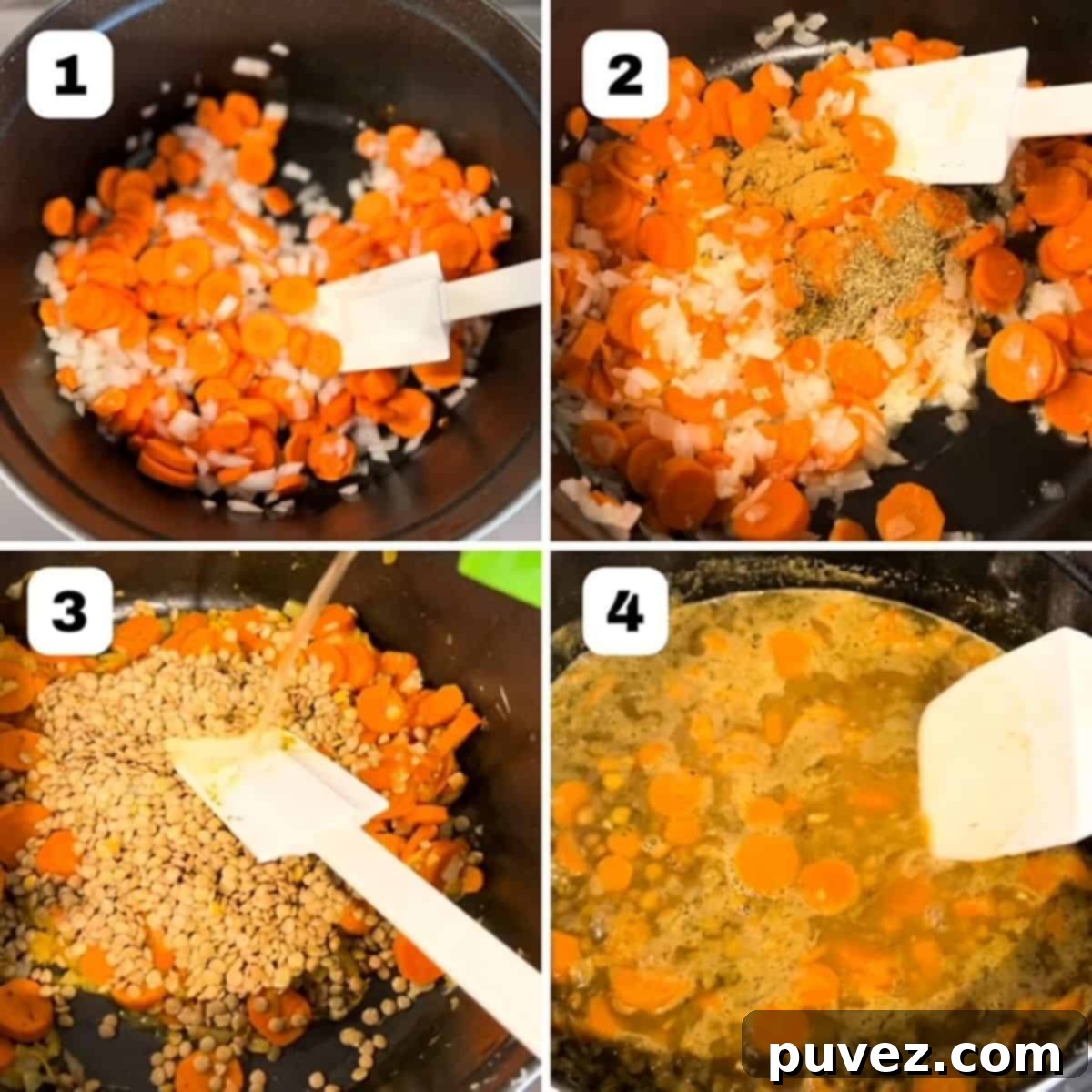 A collage of four progressive images demonstrating the cooking process of Carrot and Lentil Soup in a single pot, from sautéing vegetables to the finished soup.