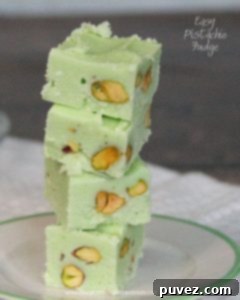 Pistachio Fudge - a rich, creamy, light green fudge, ready in minutes for a delightful sweet treat.