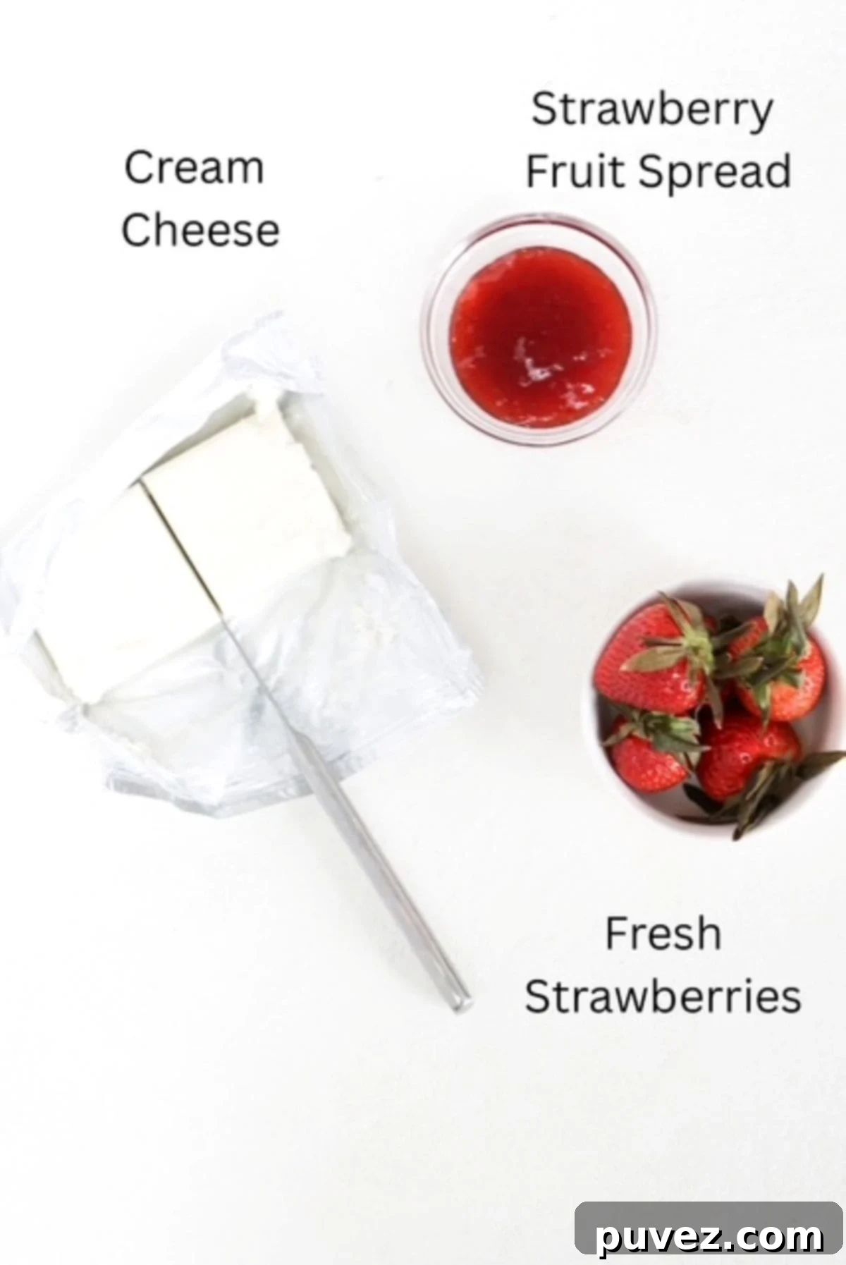 Labeled ingredients required to make a fresh strawberry fruit dip.