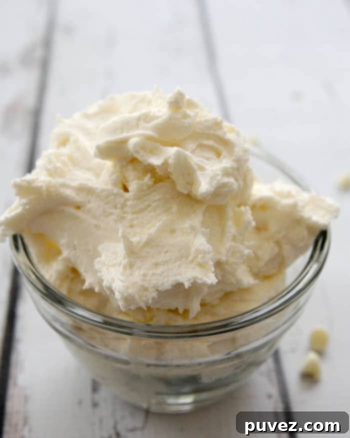 White Chocolate Buttercream Frosting-a delicate taste of white chocolate, the perfect complement to any cake and can be colored to match any occasion! 