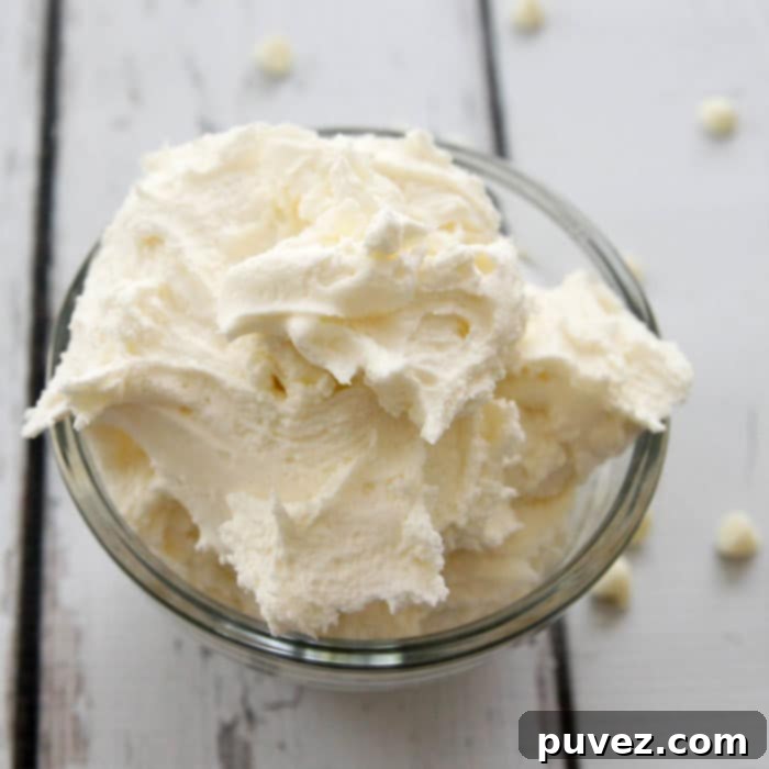 White Chocolate Buttercream Frosting-a delicate taste of white chocolate, the perfect complement to any cake and can be colored to match any occasion! 