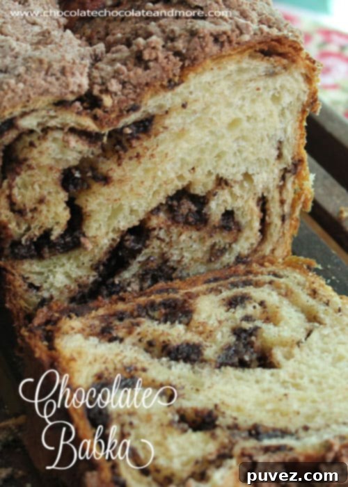 Cross-section of homemade Chocolate Babka showing airy texture and chocolate layers