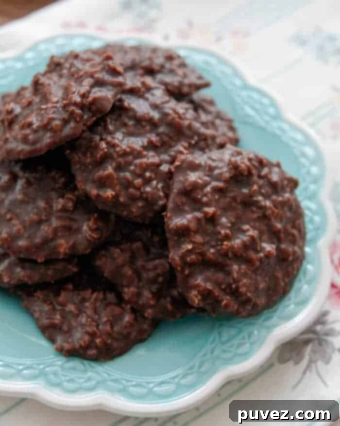 A beautifully presented batch of Chocolate No Bake Cookies, glistening and ready to be enjoyed.