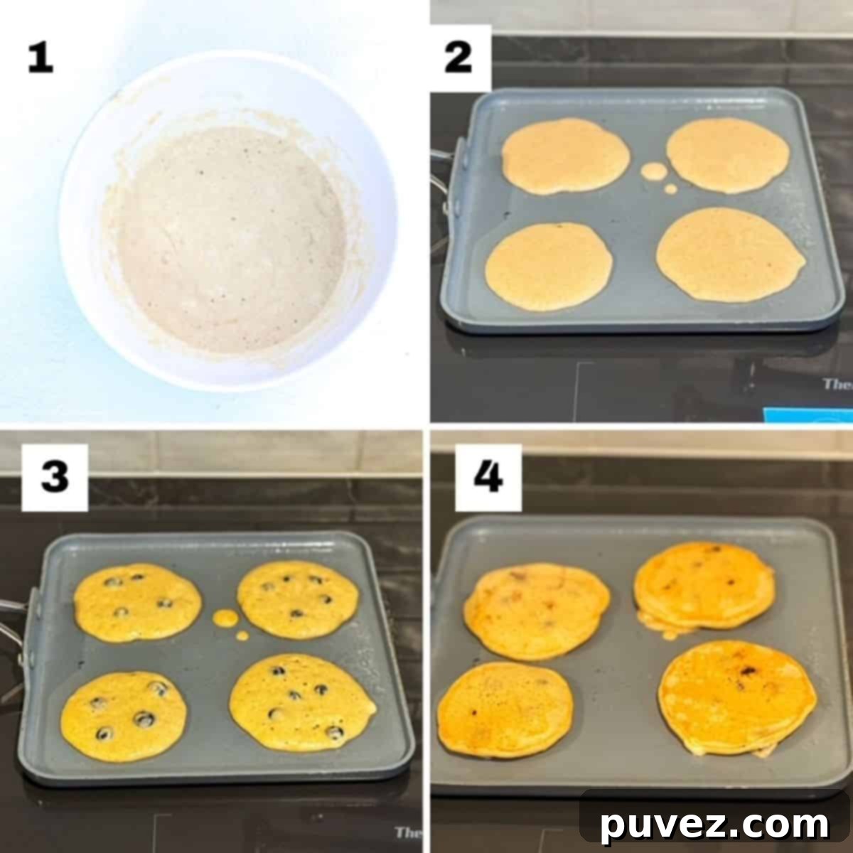 Hearty Whole Wheat Blueberry Bliss 3 Four numbered images showing how to prepare the batter and cook blueberry whole wheat pancakes.