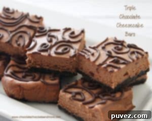 Triple Chocolate Cheesecake Bars, cut into squares.