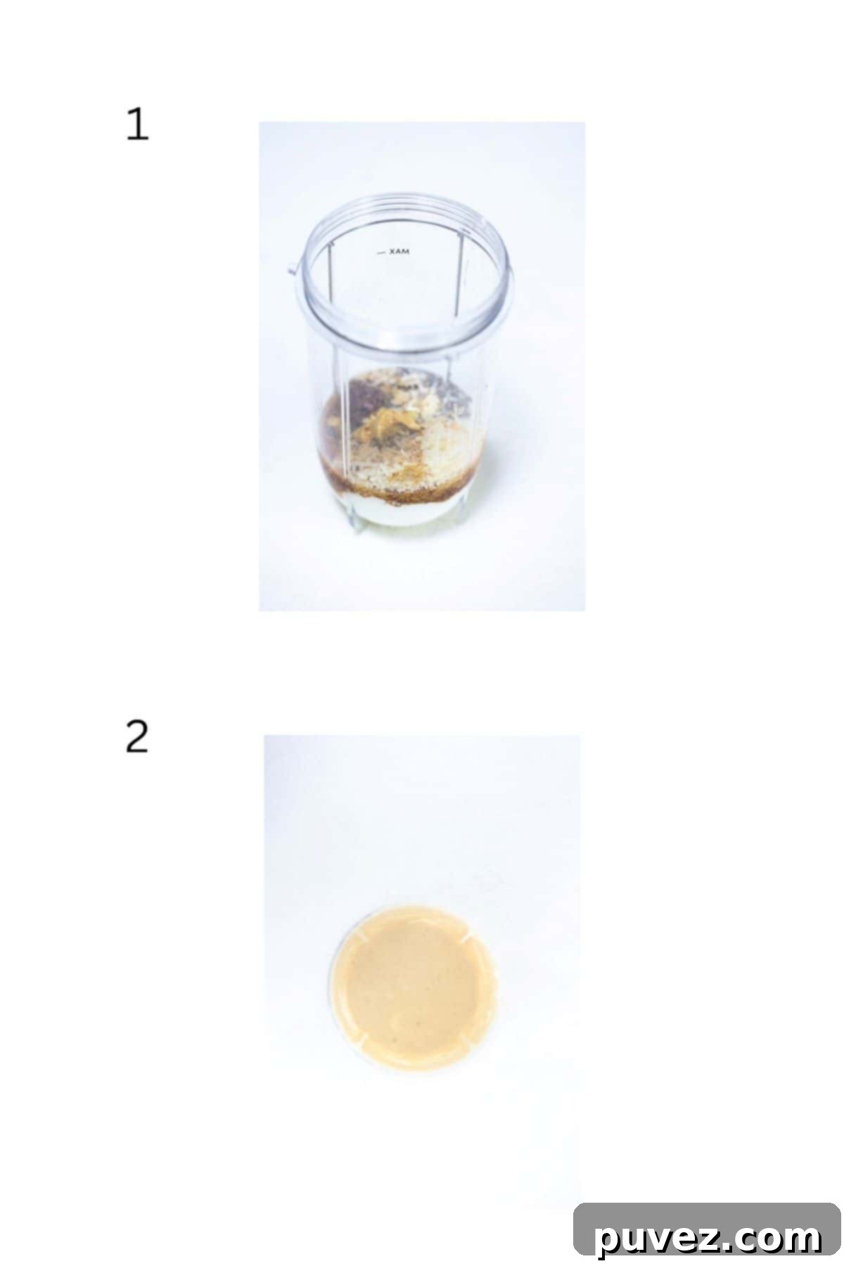 Two numbered images showing how to make homemade Caesar dressing.