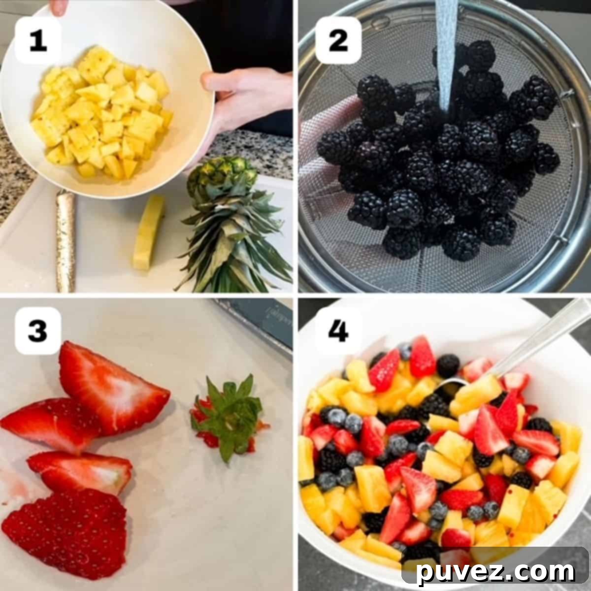 Four numbered images showing how to make fresh fruit salad.