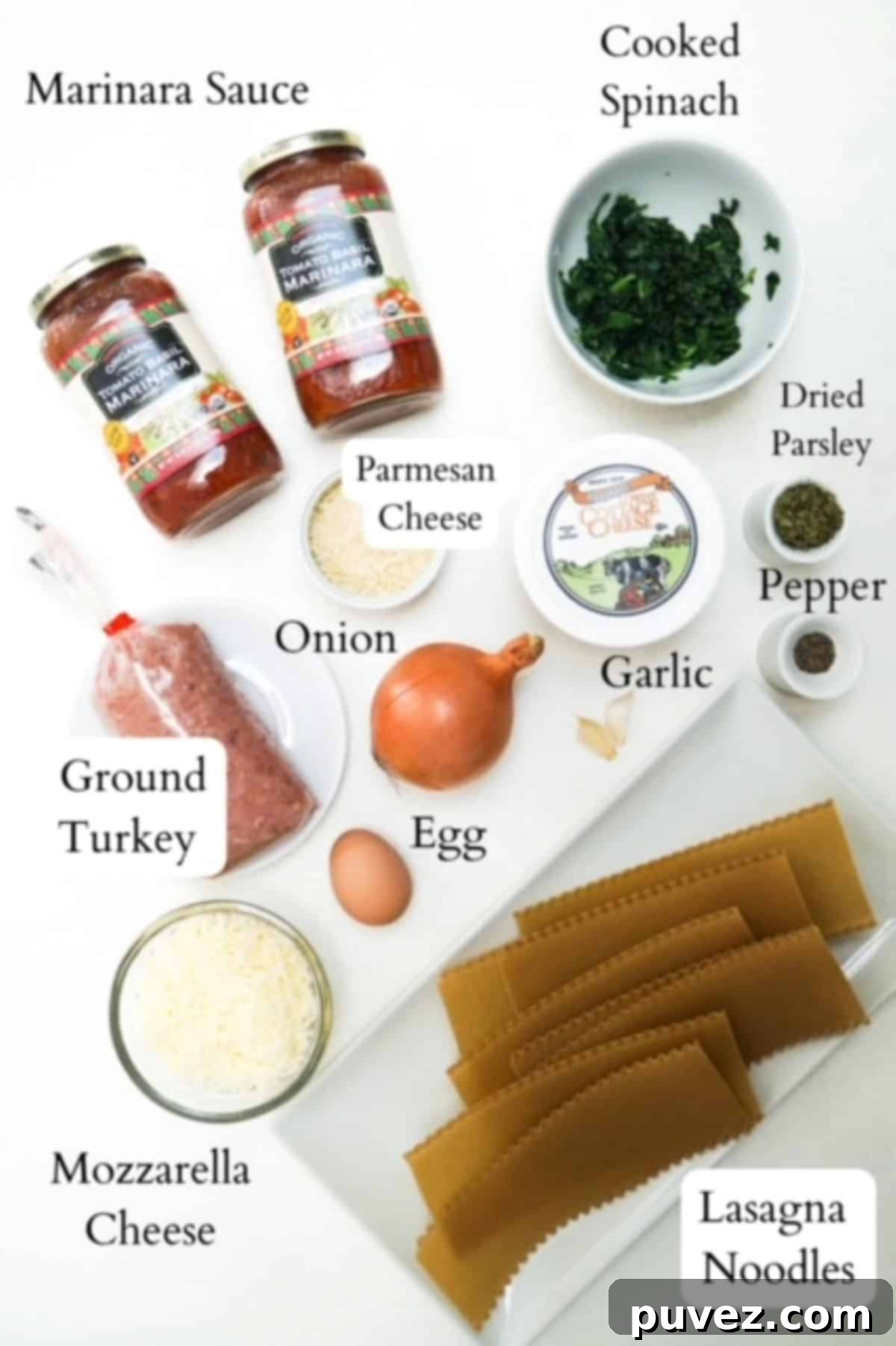 Lasagna ingredients labeled.