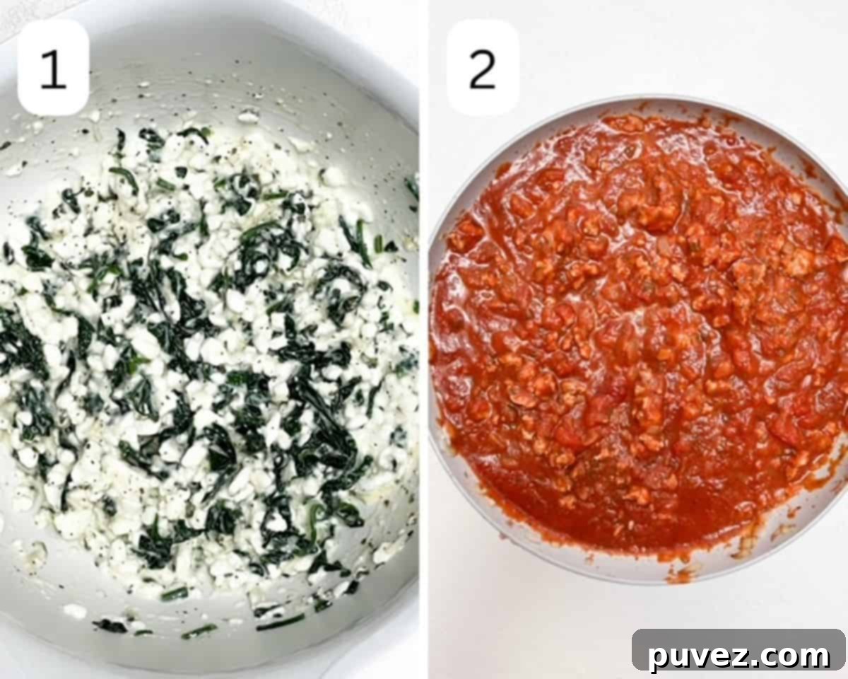 Cottage cheese and spinach mixture to the left, meat sauce in a skillet to the right.