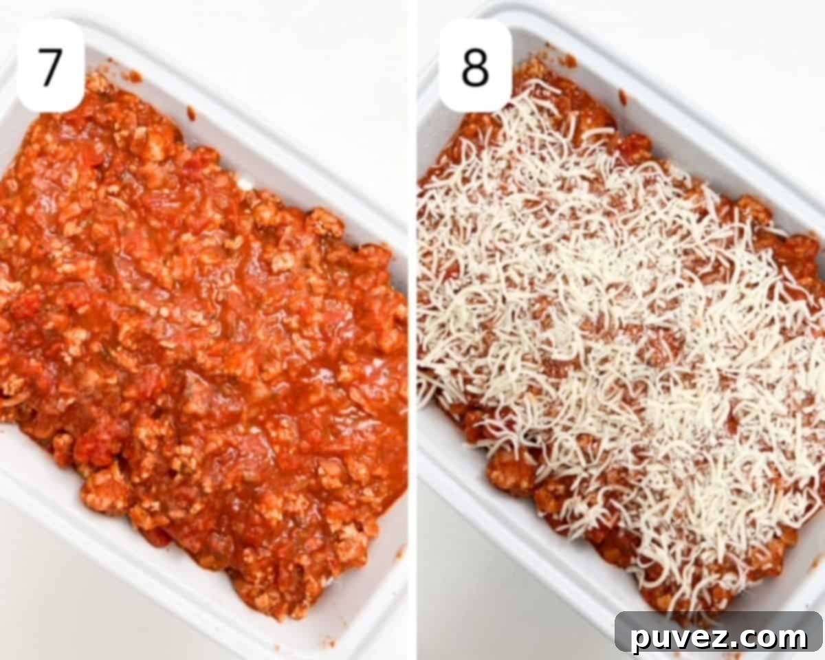Top layer of meat sauce to the left; meat sauce topped with mozzarella in a lasagna pan to the right.