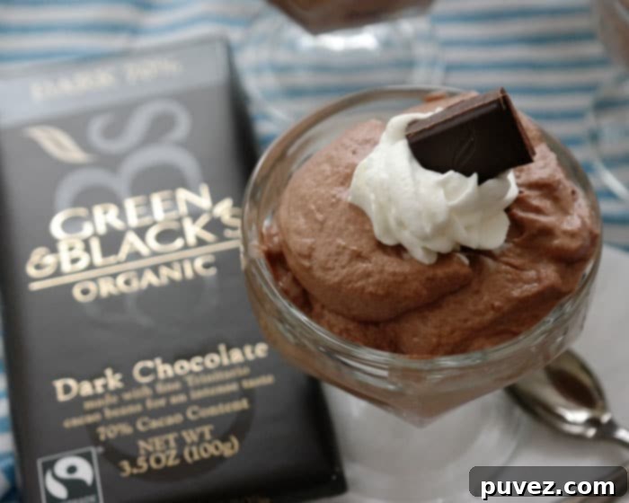 Easy Whipped Dark Chocolate Mousse-just 3 ingredients to create this delicate dessert, the secret is using good dark chocolate! Green & Black 70% Dark Chocolate makes this dessert decadent! 