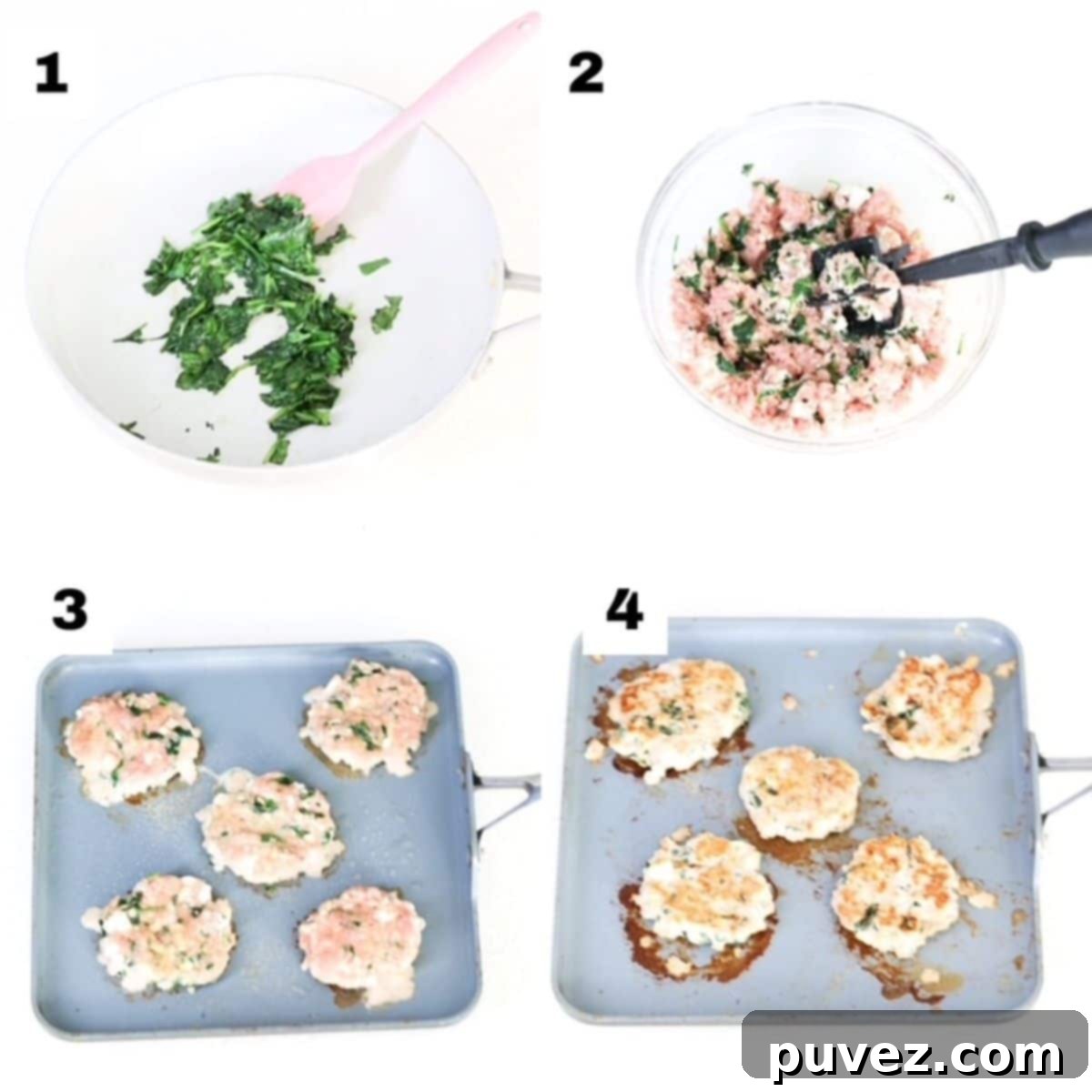 A visual step-by-step guide showing four numbered images: 1. Sautéing spinach, 2. Mixing ingredients, 3. Forming patties, and 4. Cooking burgers on a skillet.