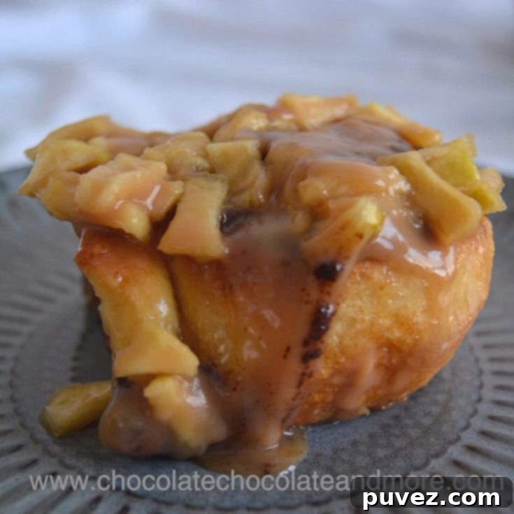 Close-up of a perfectly baked apple cinnamon roll with caramel drizzle