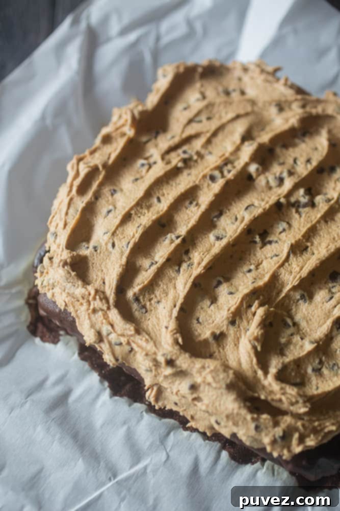 A generous dollop of edible cookie dough frosting with chocolate chips, ready to be enjoyed.