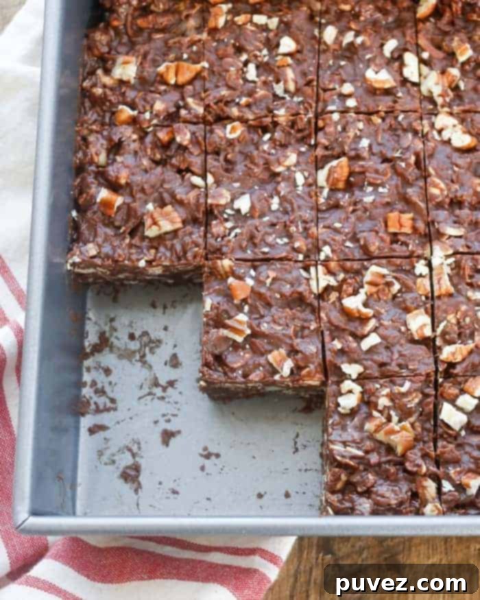 Beautifully sliced Coconut Pecan No-Bake Chocolate Bars, ready to serve.