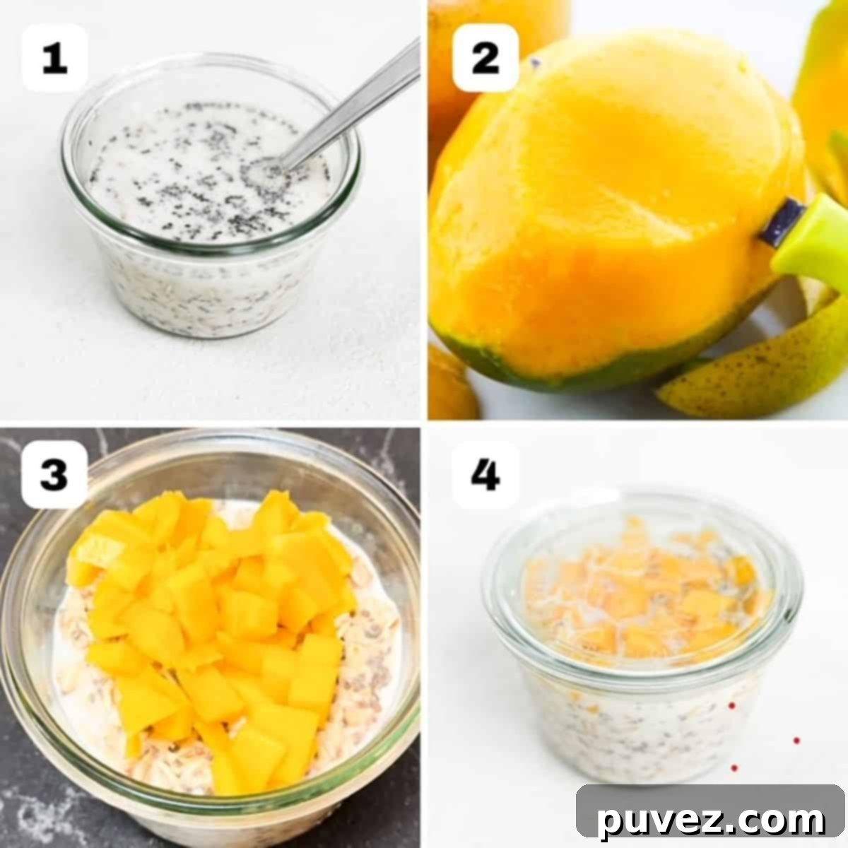 A collage of four numbered images demonstrating the process of making mango overnight oats.