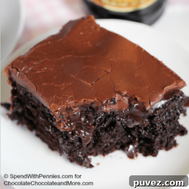 Moist Kahlua Chocolate Poke Cake with rich pudding and quick frosting