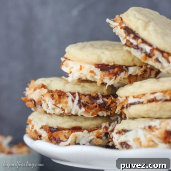 Delicious Samoa Cookie Sandwiches stacked, revealing soft sugar cookies, rich caramel cream cheese frosting, hot fudge, and toasted coconut