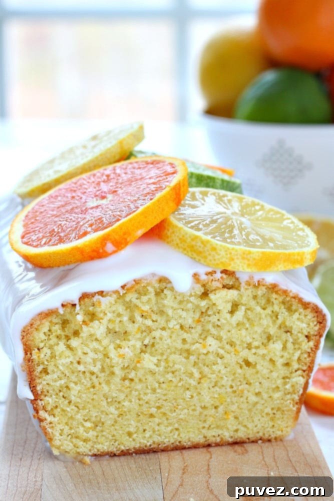 Bursting with citrus flavor from both the extracts and grated peel, this citrus quick bread is soft, summery, and moist without being heavy. A perfect golden-brown loaf on a white surface, garnished with fresh citrus slices.