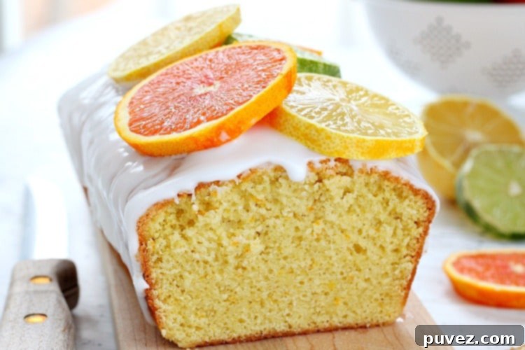 A close-up of a freshly baked citrus lemon bread recipe, garnished with fresh citrus slices, on a wooden board.