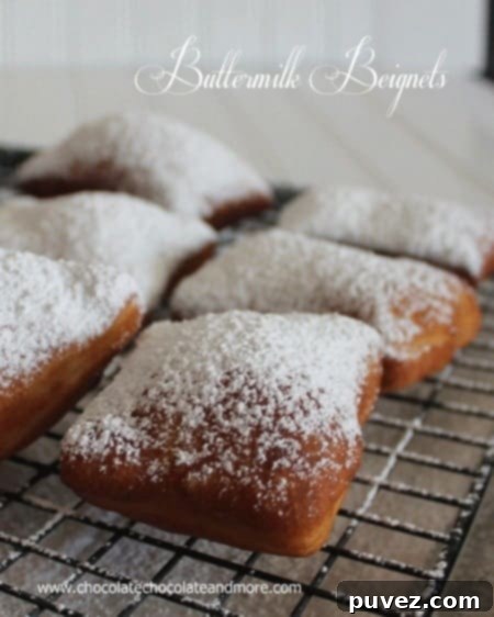 Buttermilk Beignets recipe card with a tempting image of the finished French donuts.