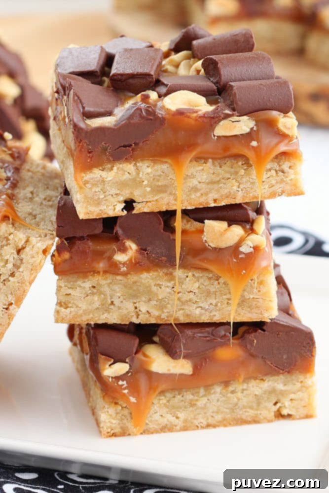 Delicious Salty Caramel Chocolate Bars with a soft oatmeal crust, ready to be enjoyed.