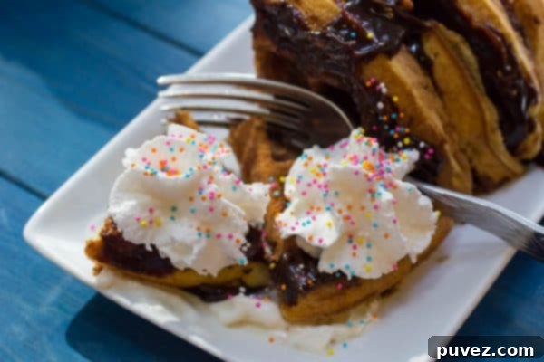 Waffled Yellow Cake with Hot Fudge Icing Stacked