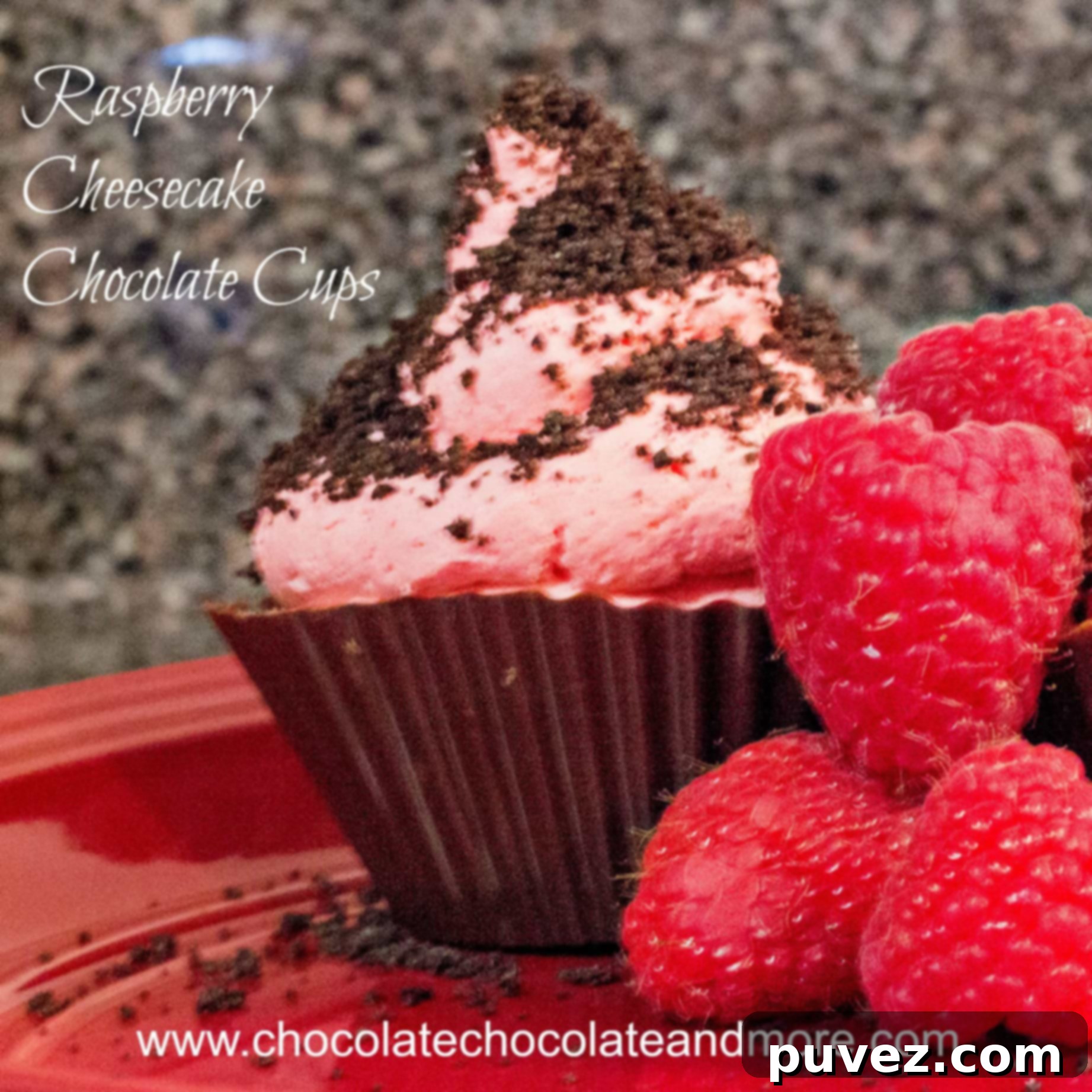 Creamy No-Bake Raspberry Cheesecake filling being prepared in chocolate cups