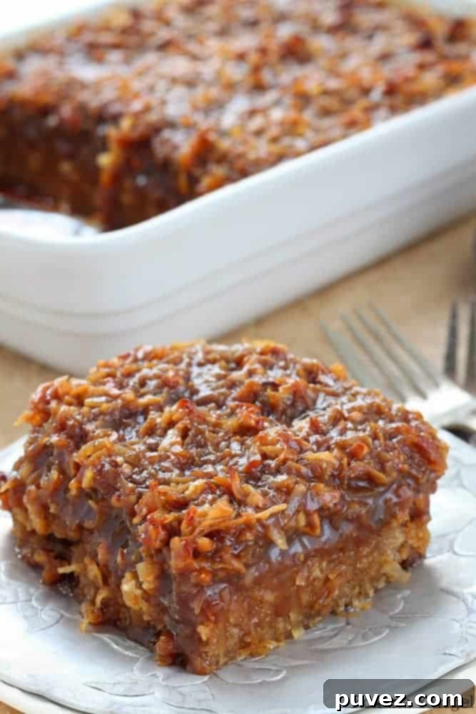Caramel Coconut Pecan Oatmeal Cake close up