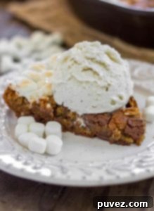 S'mores Skillet Cookie - A brown sugar cookie filled to the brim with chopped Hershey bars, marshmallows and graham crackers.
