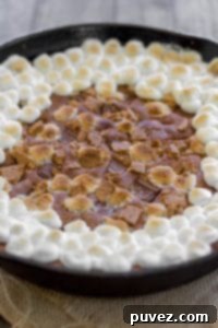 S'mores Skillet Cookie - A brown sugar cookie filled to the brim with chopped Hershey bars, marshmallows and graham crackers.