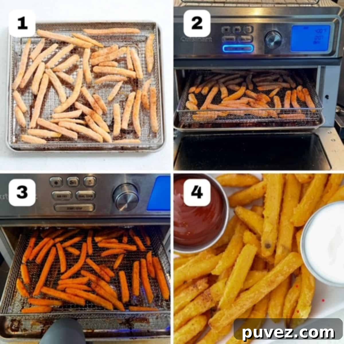 Four numbered images demonstrating the process of making frozen sweet potato fries in an air fryer.