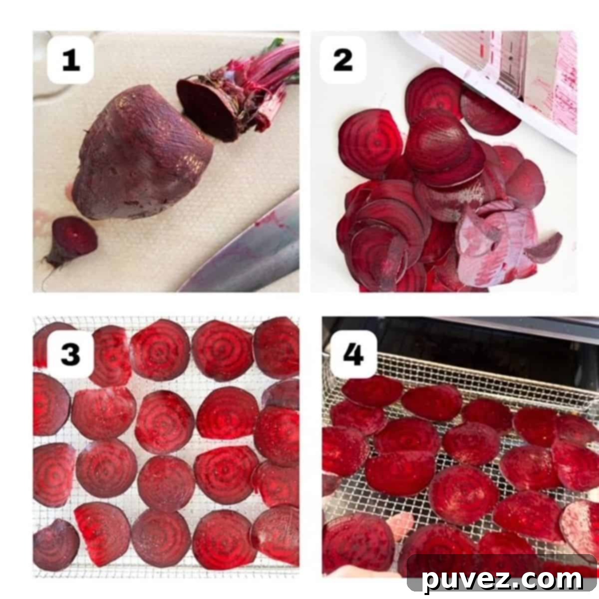 Four sequential process shots illustrating how to make air fryer beet chips, from slicing the beets to arranging them in the air fryer basket.