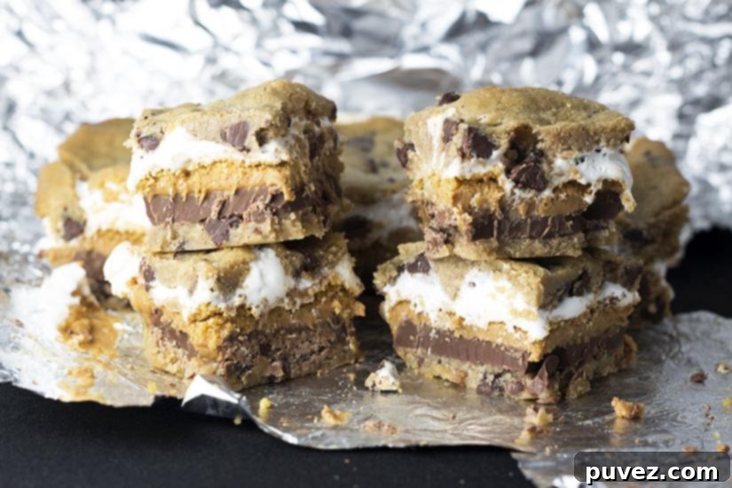 Close-up of Peanut Butter S'mores Bars showing creamy peanut butter layer
