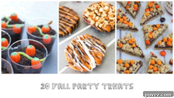 Assortment of 20 delicious fall party treats, including pumpkin spice and apple desserts, perfect for autumn gatherings.