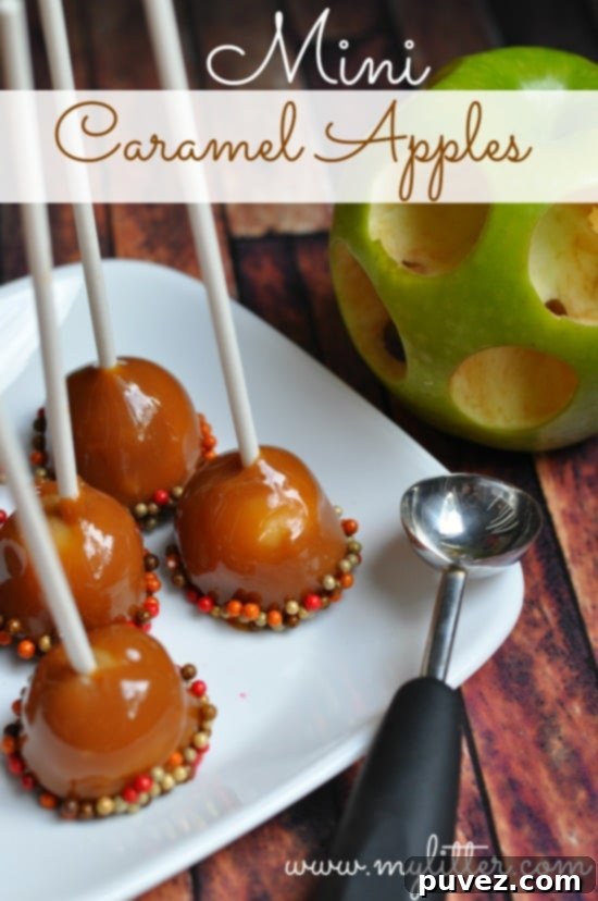 Mini Caramel Apples on sticks, perfect for individual servings.