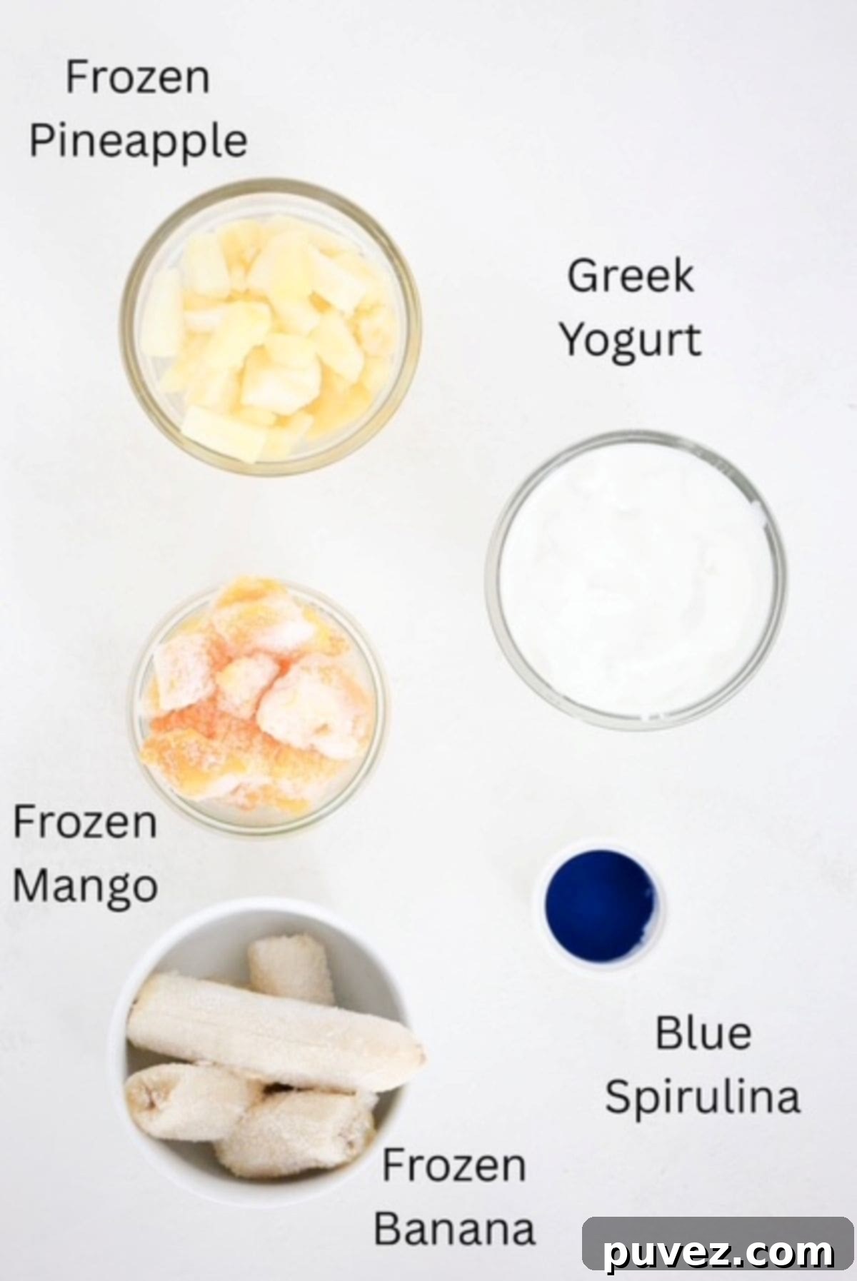Blue smoothie bowl ingredients, labeled.