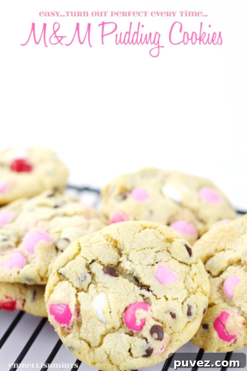 Perfectly soft and chewy M&M Pudding Cookies, a favorite family recipe from Embellishmints.com