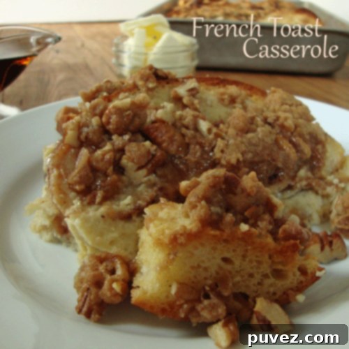 Delicious French Toast Casserole with a golden-brown topping, ready to be served for breakfast or brunch