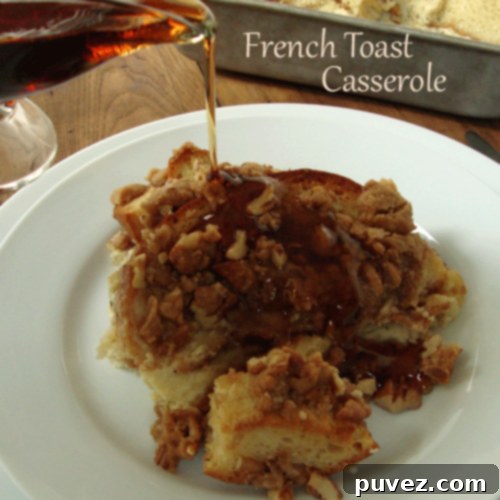 A perfectly baked French Toast Casserole with a golden crust and sweet topping