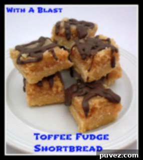 Delicious Toffee Fudge Shortbread bars stacked on a plate, garnished with chocolate drizzle.