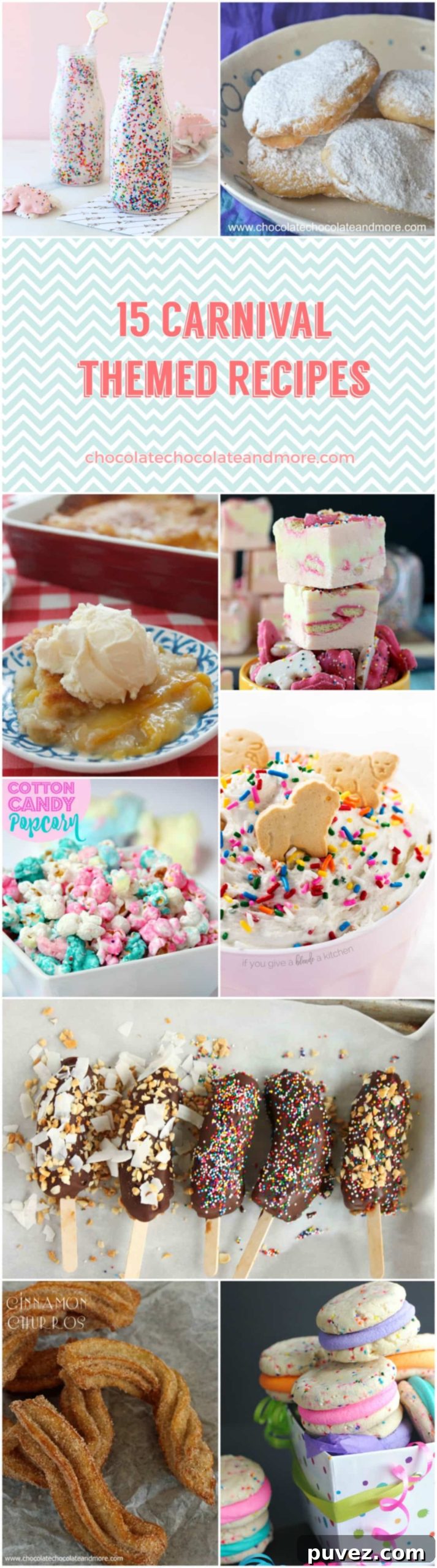 Assortment of colorful carnival-themed desserts including cookies, popcorn, and other treats