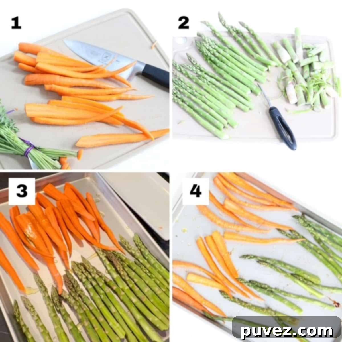 Quick and Easy Roasted Asparagus and Carrots 4 Four numbered images showing the step-by-step process of preparing and roasting asparagus and carrots.