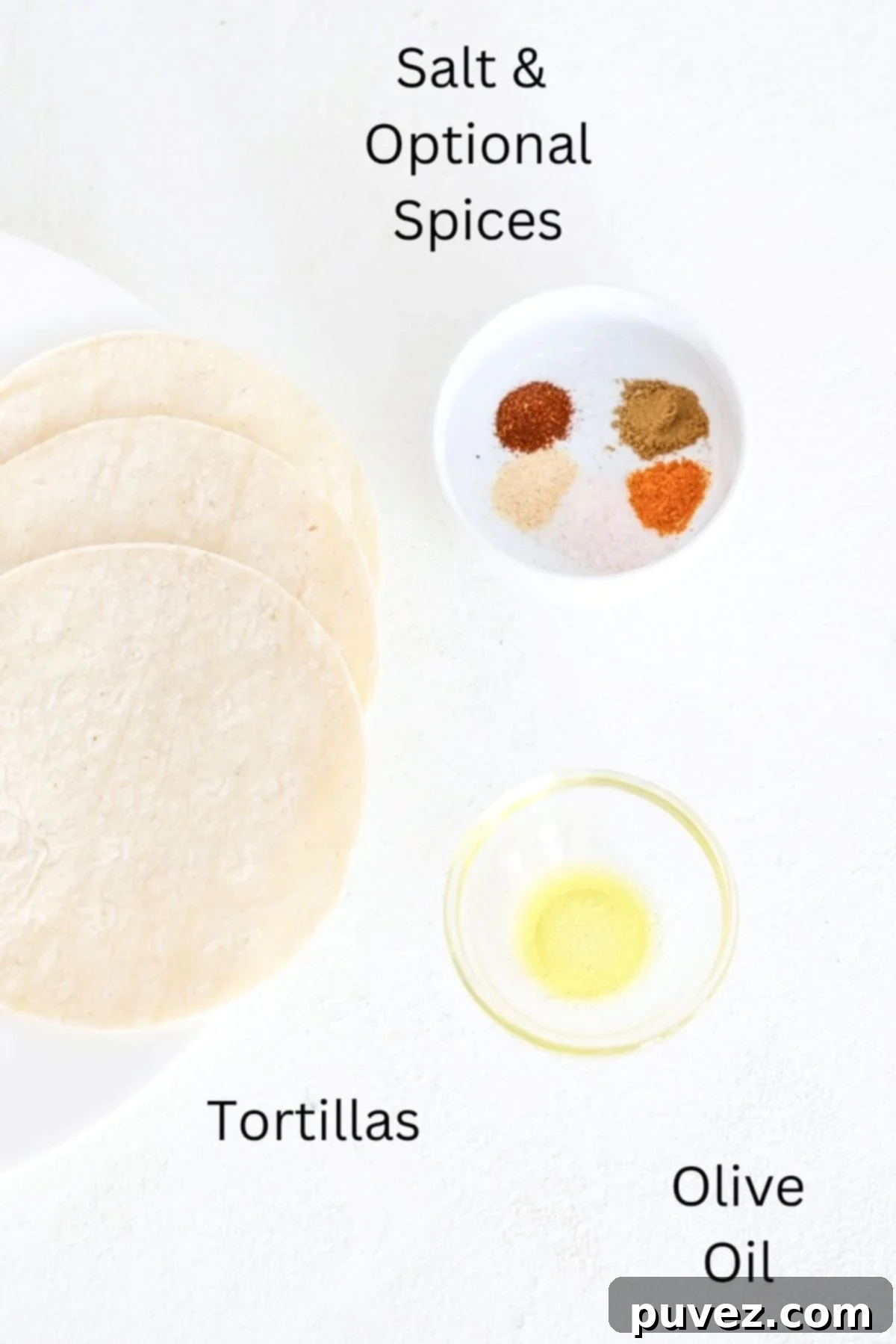 Ingredients to make air fryer tortilla chips, labeled.