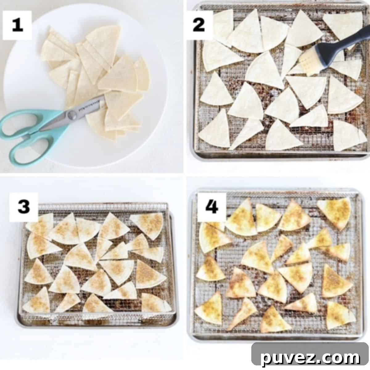Four numbered images showing how to make tortilla chips in an air fryer.
