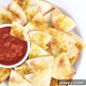 Homemade tortilla chips with salsa on a white plate.