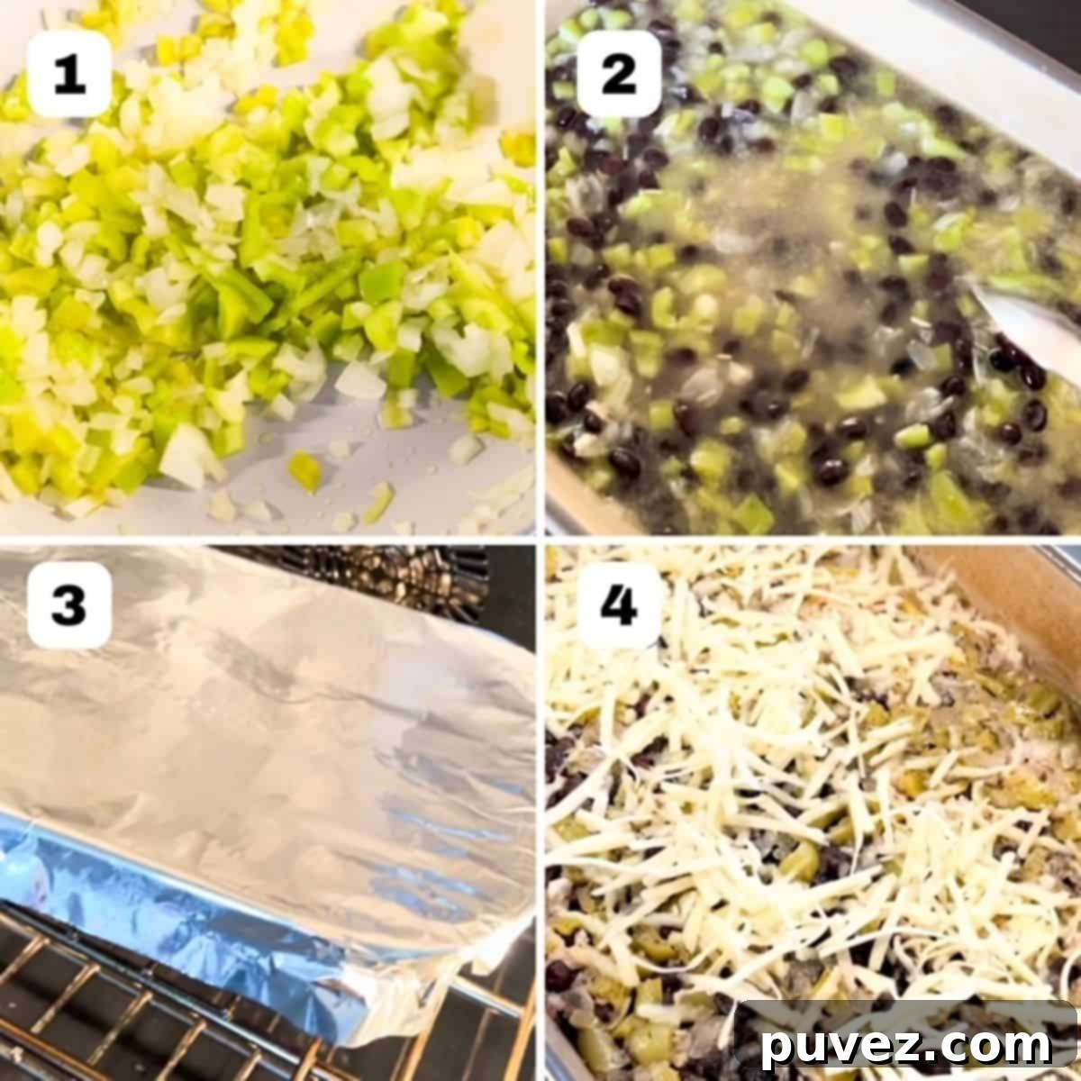 Four images showing steps on how to make black beans and rice in the oven.