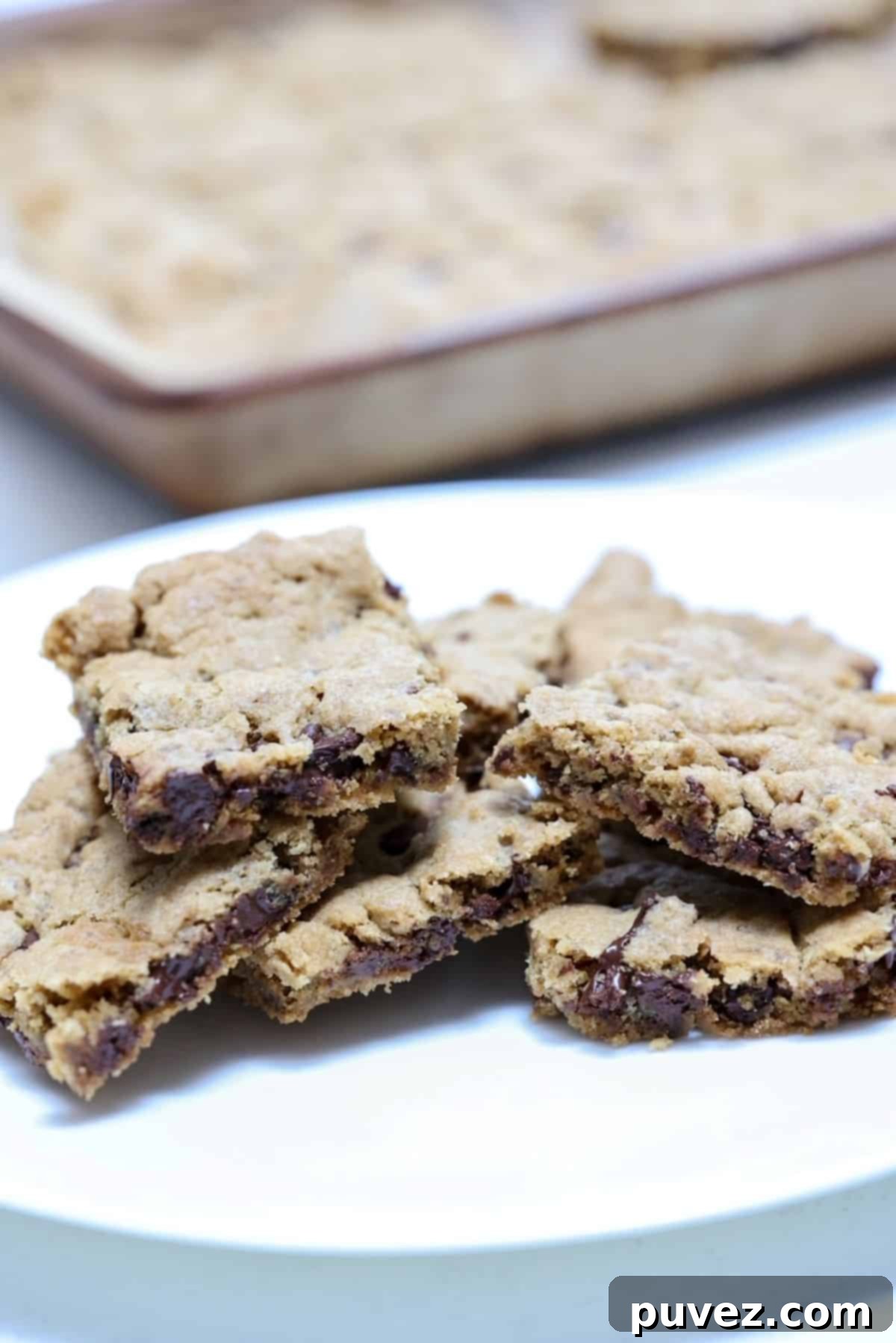 A plate of chocolate chip vegan blondies with a stone bar pan of vegan blondies in the background.