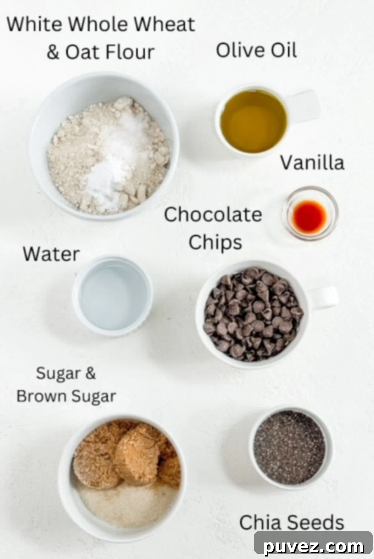 Ingredients to make vegan blondies with chocolate chips, labeled.